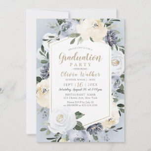 Blooming botanical dusty blue floral graduation invitation