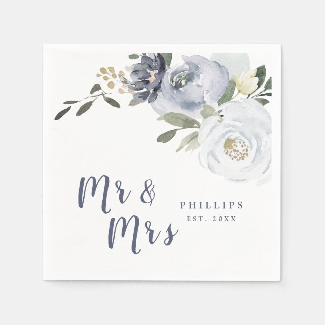 Blooming botanical dusty blue floral Mr. & Mrs. Napkin (Front)