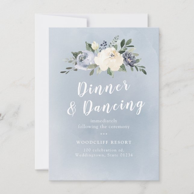 Blooming botanical dusty blue floral reception invitation (Front)