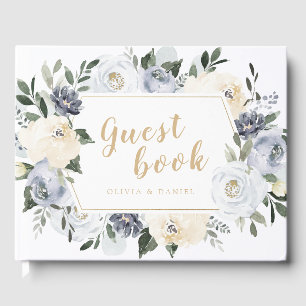 Blooming botanical dusty blue floral wedding guest book