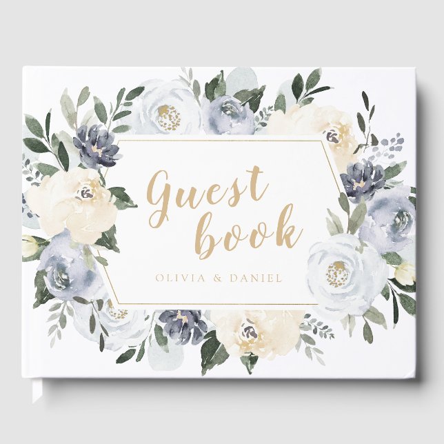 Blooming botanical dusty blue floral wedding guest book (Front)
