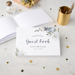 Blooming botanical dusty blue floral wedding guest guest book