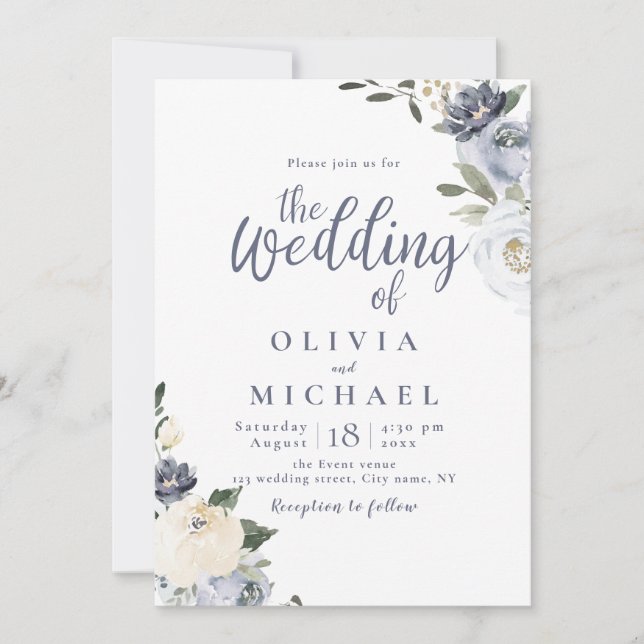Blooming botanical dusty blue floral wedding invitation (Front)