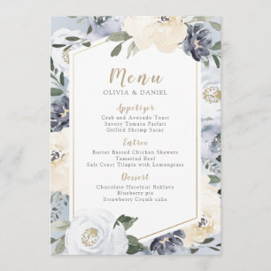 Blooming botanical dusty blue floral wedding menu