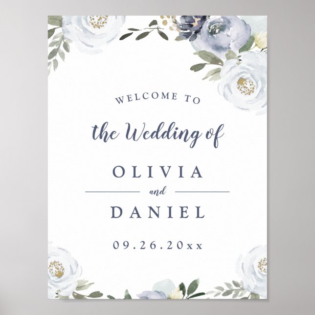 Blooming botanical dusty blue floral wedding sign (Front)