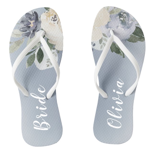 Blooming botanical dusty blue personalised bride thongs (Footbed)