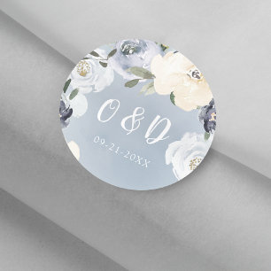Blooming botanical dusty blue Wedding monogram Classic Round Sticker