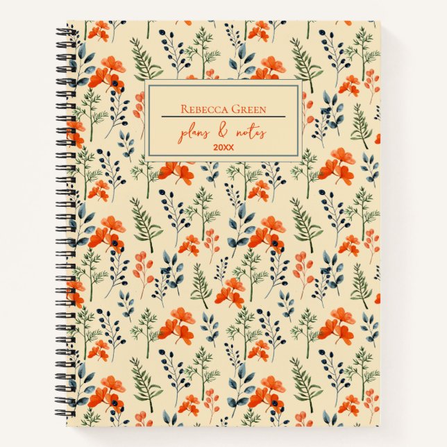 Blooming Botanical Orange Floral Green Branch Notebook (Front)