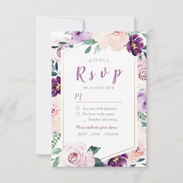 Blooming botanical purple floral wedding RSVP (Front)