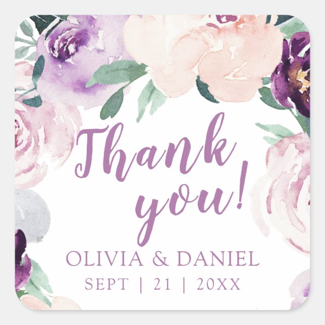 Blooming botanical purple floral Wedding thank you Square Sticker (Front)