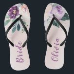 Blooming botanical purple personalised bride thongs<br><div class="desc">Watercolor botanical floral and greenery in blush,  peach and purple,  elegant and romantic,   great personalised gifts for bride</div>