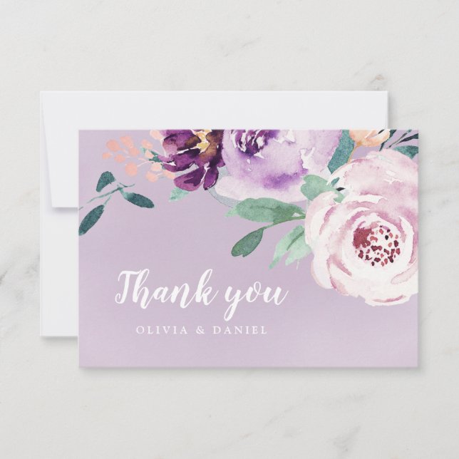 Blooming botanical purple watercolor floral thank you card (Front)