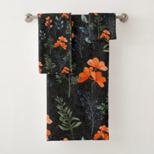 Blooming Botanicals Orange Floral Green Black Bath Towel Set