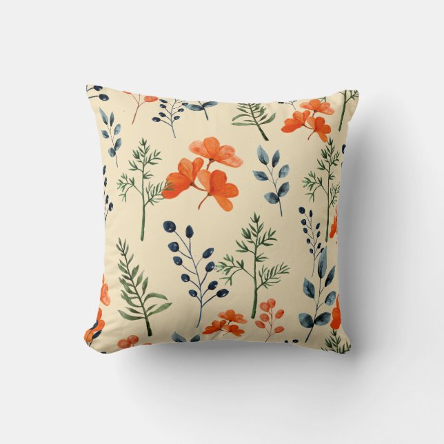 Blooming Botanicals Orange Floral Green Branch Cushion (Front)