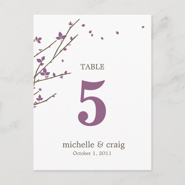 Blooming Branches Wedding Table Number Card - Plum (Front)
