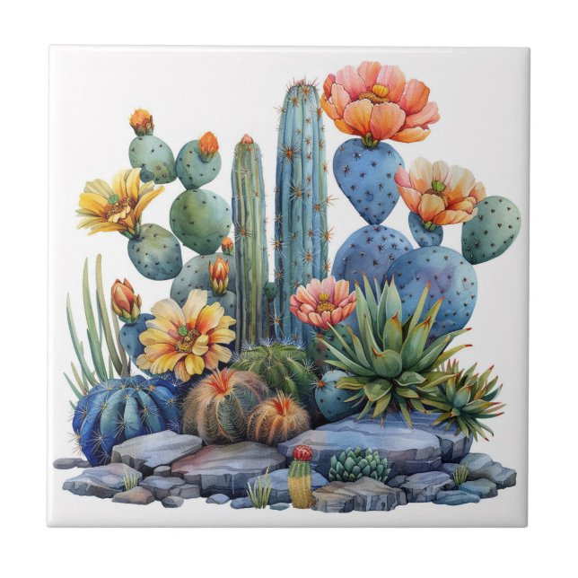 Blooming cacti and succulents ceramic tile (Front)
