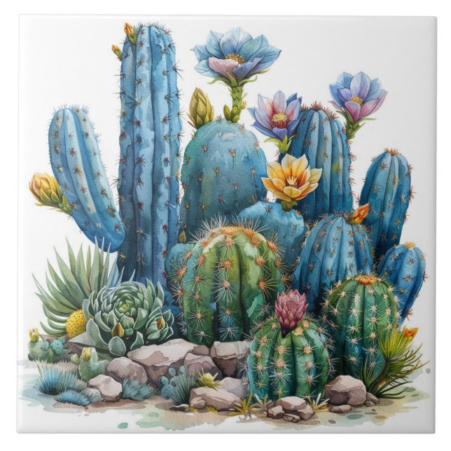 Blooming cacti and succulents ceramic tile (Front)