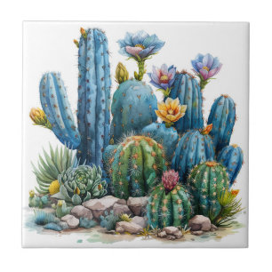 Blooming cacti and succulents ceramic tile
