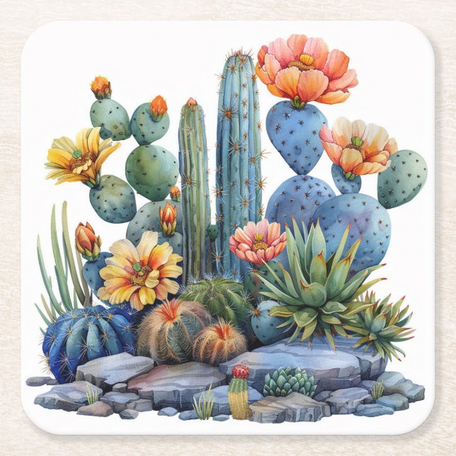 Blooming cacti and succulents square paper coaster (Front)