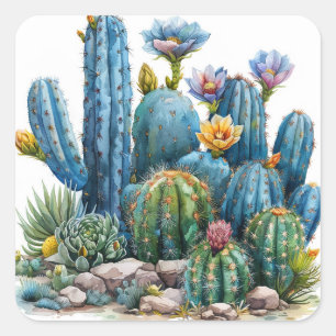 Blooming cacti and succulents square sticker