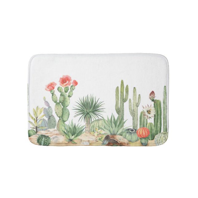 Blooming Cacti Watercolor Border Pattern Bath Mat (Front)