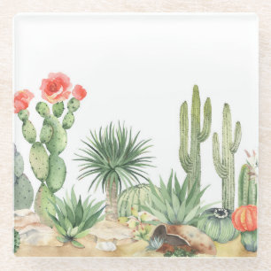 Blooming Cacti Watercolor Border Pattern Glass Coaster