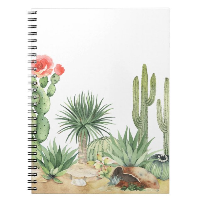 Blooming Cacti Watercolor Border Pattern Notebook (Front)