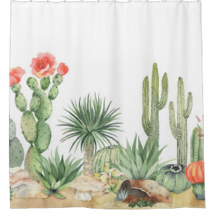 Blooming Cacti Watercolor Border Pattern Shower Curtain