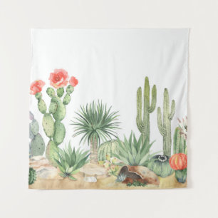 Blooming Cacti Watercolor Border Pattern Tapestry