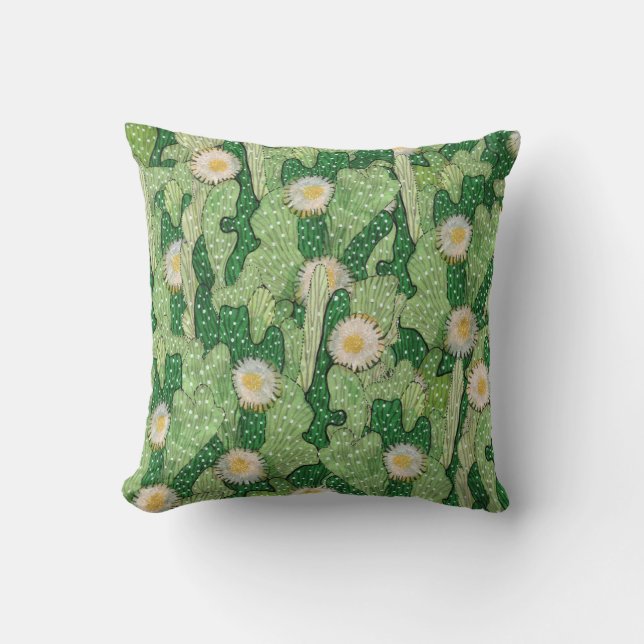 Blooming cactus, succulents, white flowers, green cushion (Front)