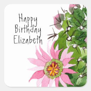 Blooming Cactus Watercolor Custom Party Square Sticker