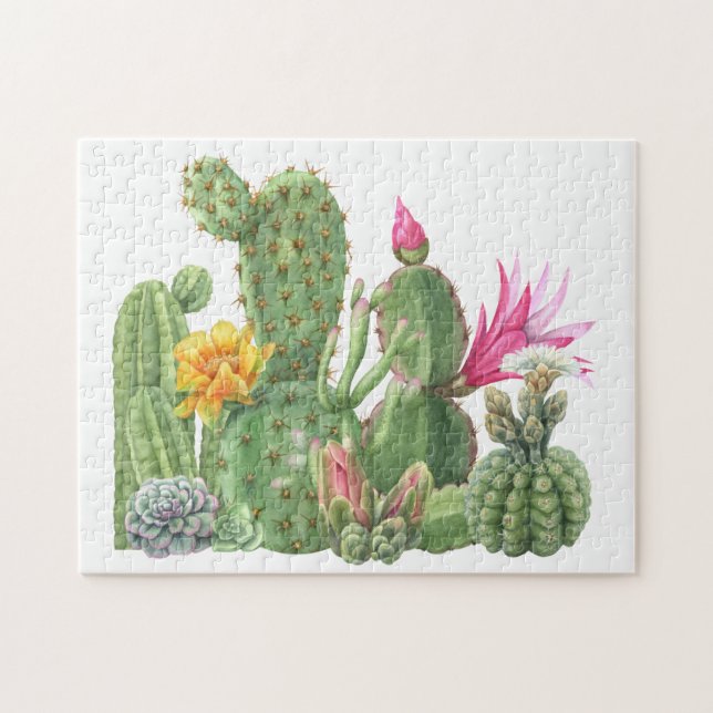 Blooming Cactus Watercolor Garden Jigsaw Puzzle (Horizontal)