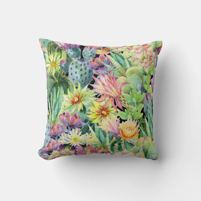 Blooming cactus, watercolor seamless pattern. cushion (Front)