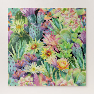 Blooming cactus, watercolor seamless pattern. jigsaw puzzle