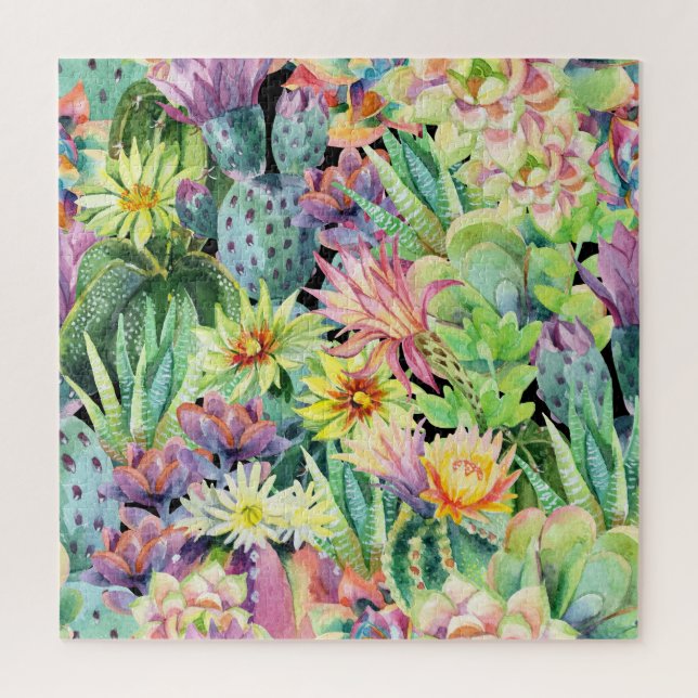 Blooming cactus, watercolor seamless pattern. jigsaw puzzle (Vertical)