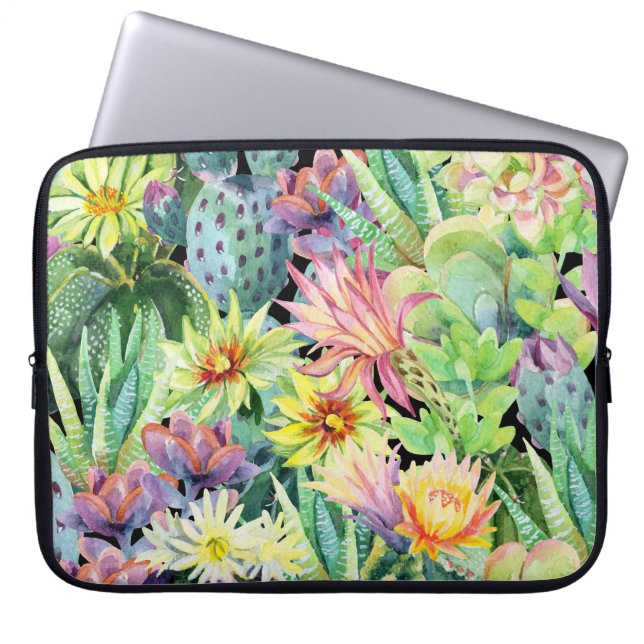 Blooming cactus, watercolor seamless pattern. laptop sleeve (Front)