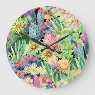 Blooming cactus, watercolor seamless pattern. large clock