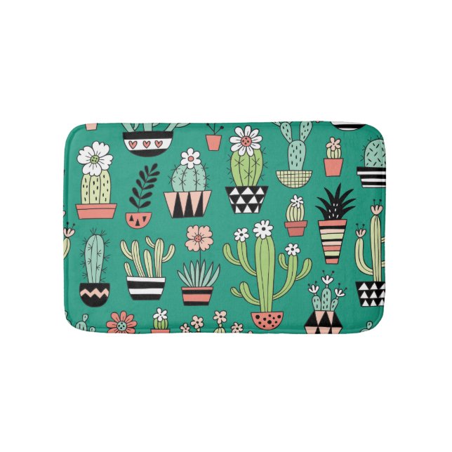 Blooming Cactuses Green Background Vintage Bath Mat (Front)