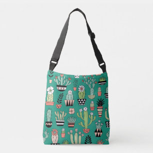 Blooming Cactuses Green Background Vintage Crossbody Bag