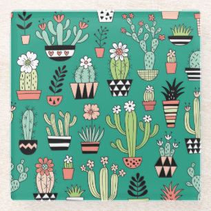 Blooming Cactuses Green Background Vintage Glass Coaster