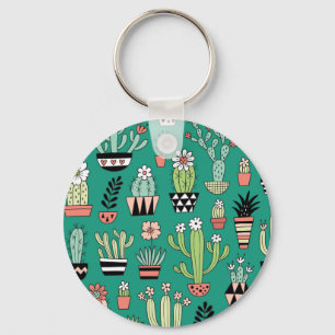 Blooming Cactuses Green Background Vintage Key Ring
