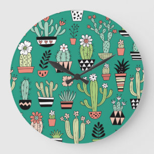 Blooming Cactuses Green Background Vintage Large Clock