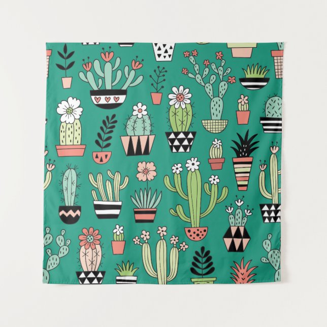 Blooming Cactuses Green Background Vintage Tapestry (Front)