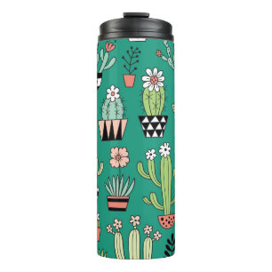 Blooming Cactuses Green Background Vintage Thermal Tumbler