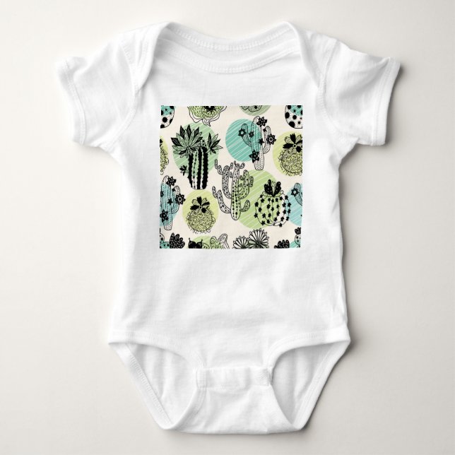 Blooming Cactuses: Hand-Drawn Seamless Charm Baby Bodysuit (Front)