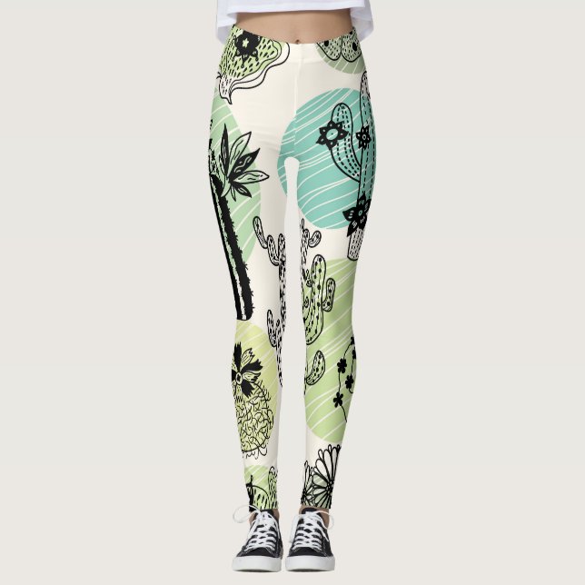 Blooming Cactuses: Hand-Drawn Seamless Charm Leggings (Front)