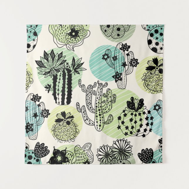 Blooming Cactuses: Hand-Drawn Seamless Charm Tapestry (Front)