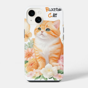 Blooming Cat: Elegant Orange and White in Bloom iPhone 14 Case