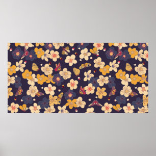 blooming cherry and butterflies seamless pattern. poster