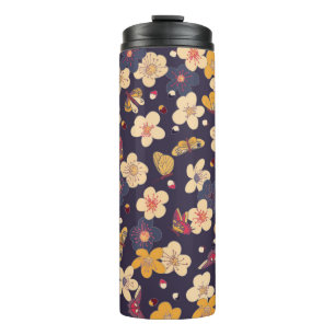 blooming cherry and butterflies seamless pattern.  thermal tumbler